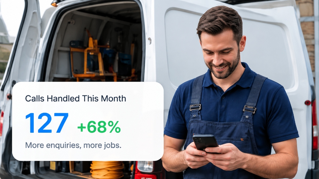 Heating engineer checking his phone beside his van, with a calls handled this month stat card showing 127 calls, up 68 percent