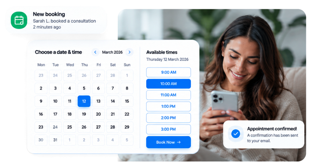 Customer booking an appointment on her phone, with a date and time picker and confirmation notifications