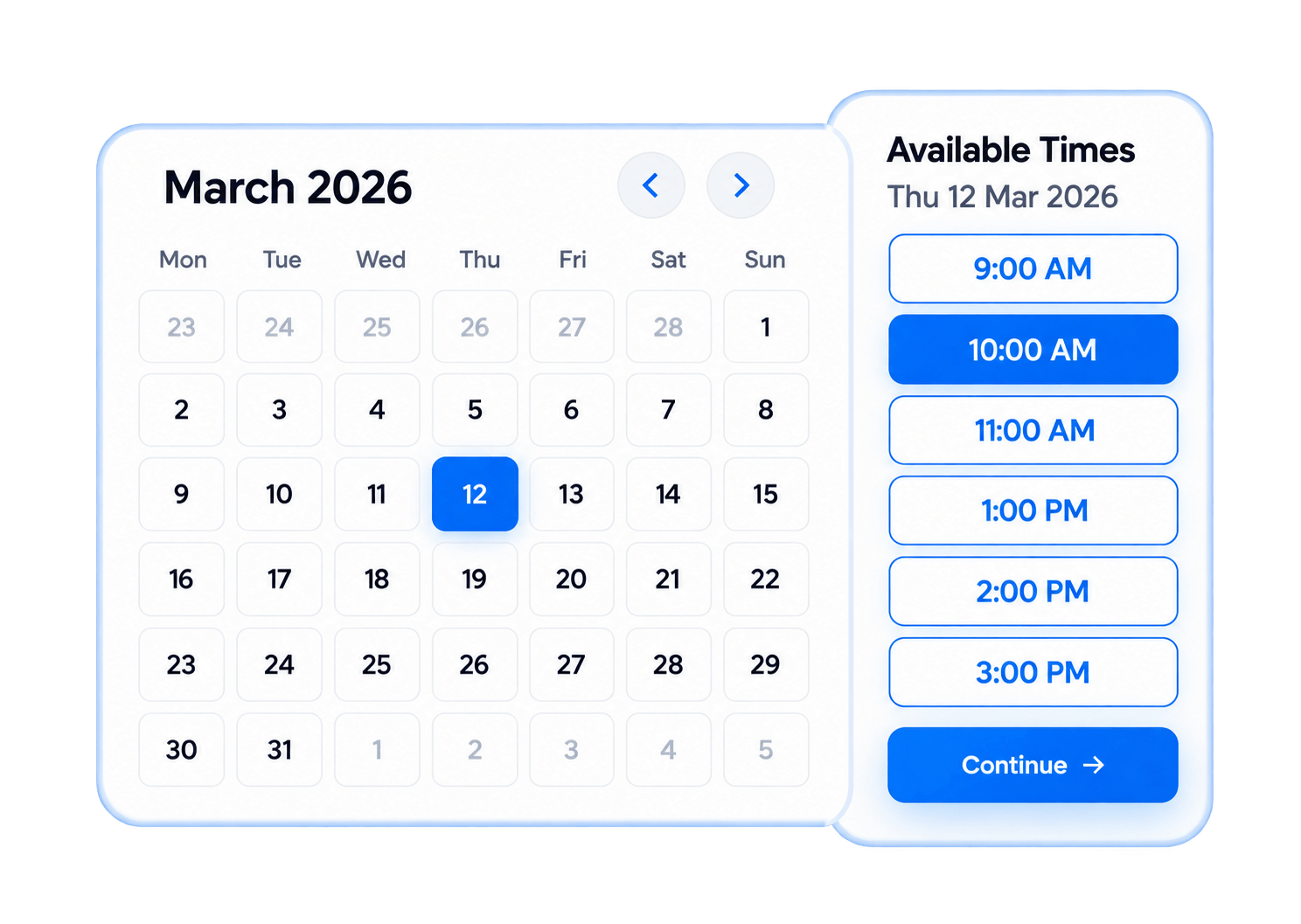 Booking calendar showing available appointment times