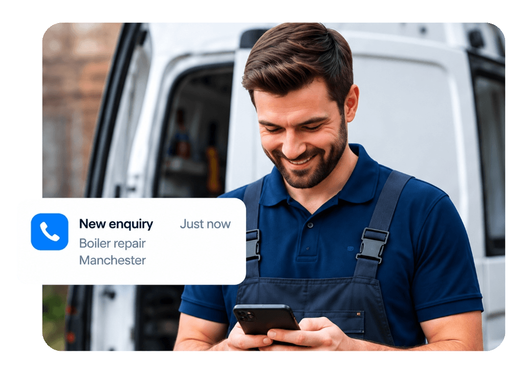 Tradesman checking a new enquiry notification on his phone beside his van
