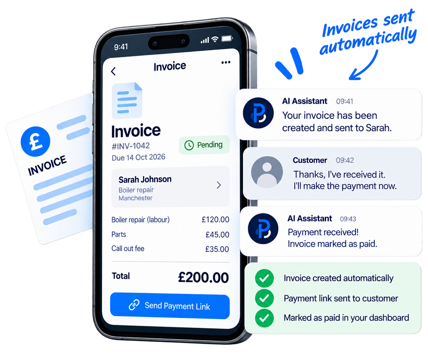 Invoice on a phone screen with automatic invoice notifications and payment confirmations