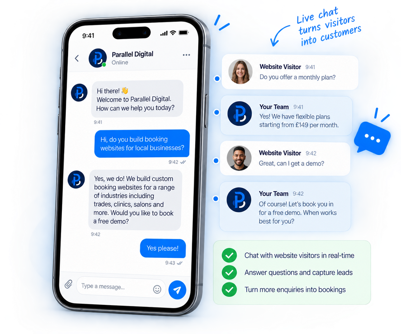 Live chat conversation on a phone screen with instant replies and booking links