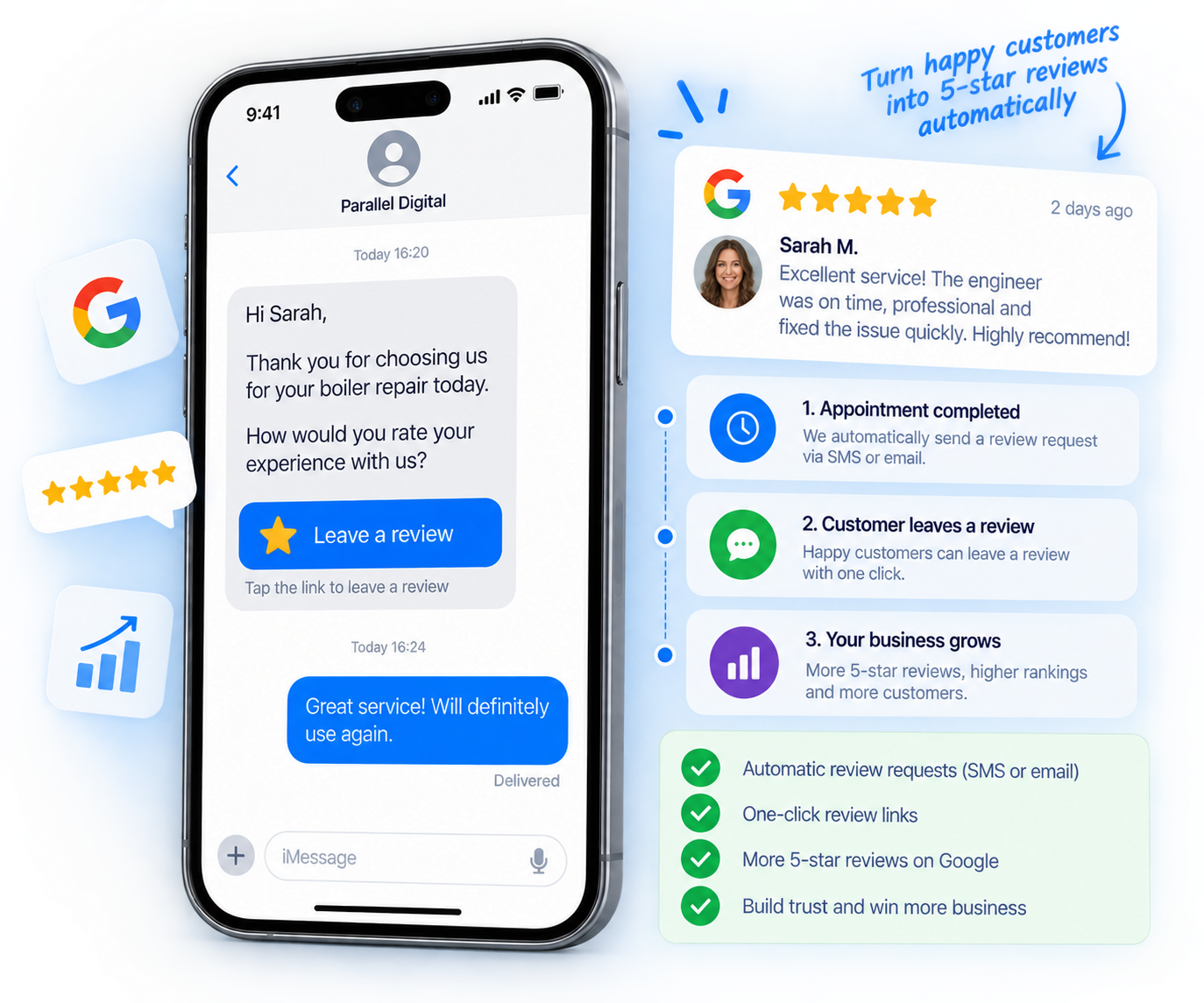 Phone showing automated review requests and 5-star Google reviews