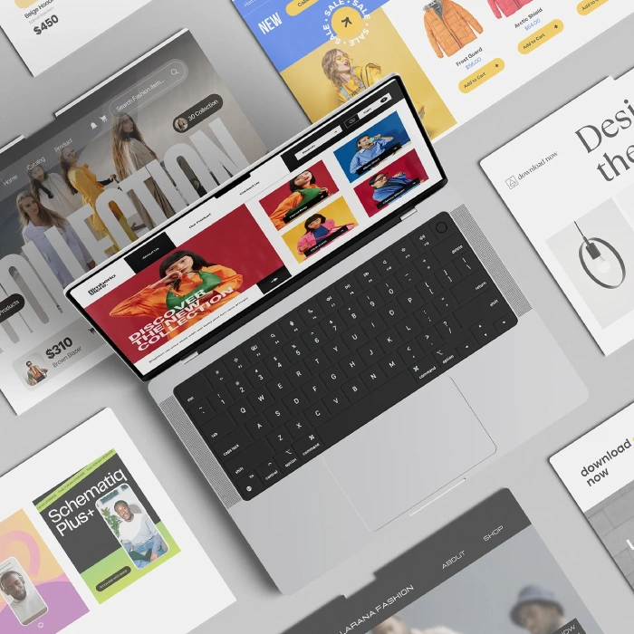 Flat lay of Laptop with website screens